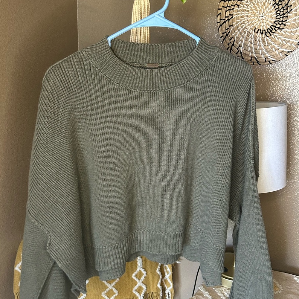 Free People Olive Green Crew Neck Sweater